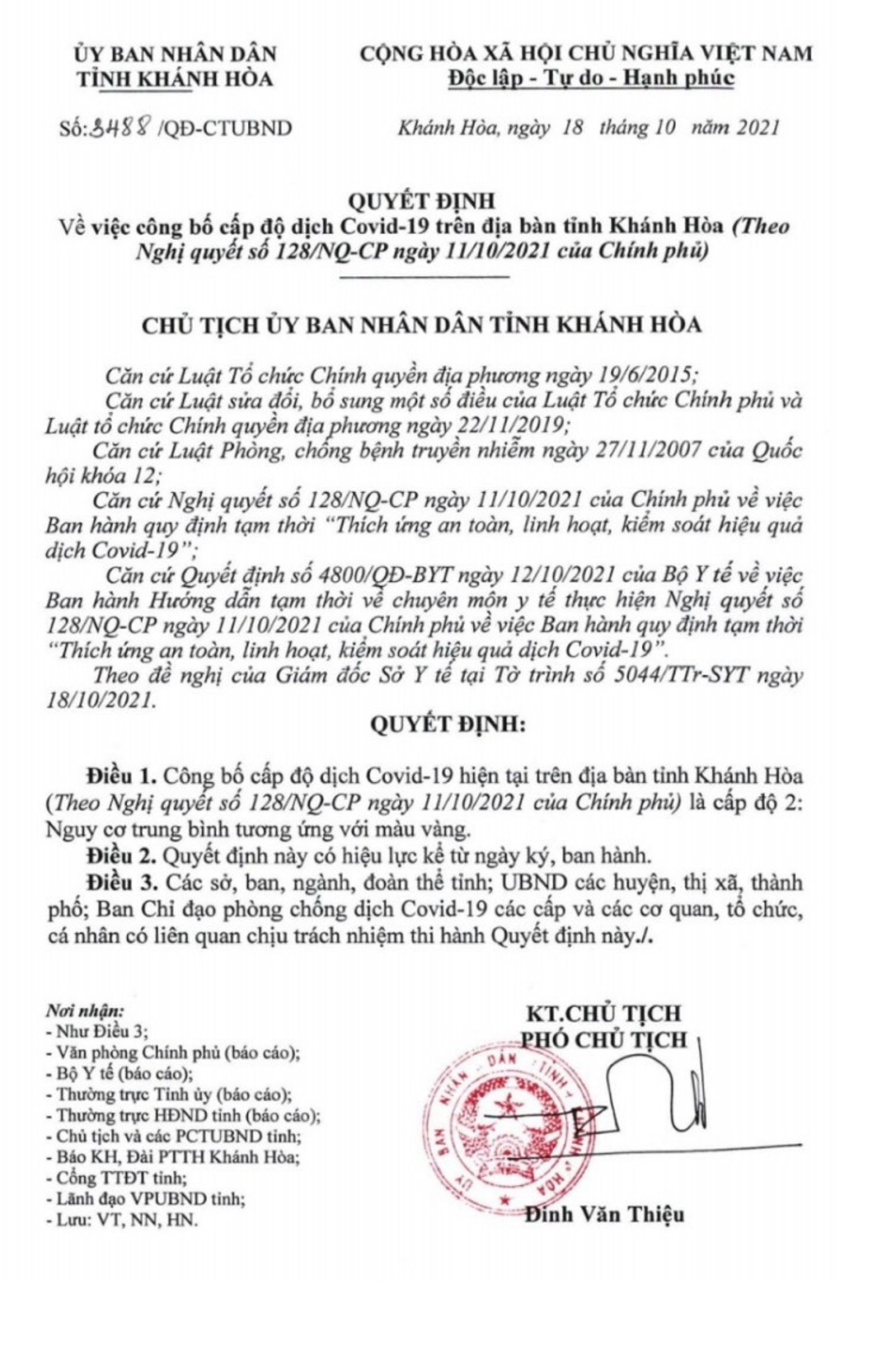 QĐ v/v công bố cấp độ dịch Covid-19 trên địa bàn tỉnh Khánh Hòa (Theo NQ 128/NQ-CP ngày 11/10/2021 của Chính phủ)